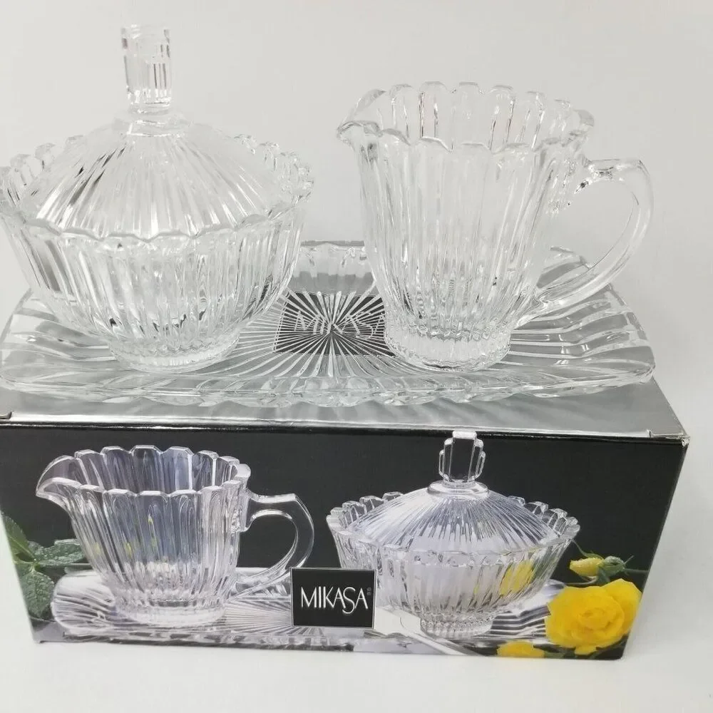 Vintage Mikasa Royal Suite Cut Crystal Covered Sugar Bowl Creamer Tray New